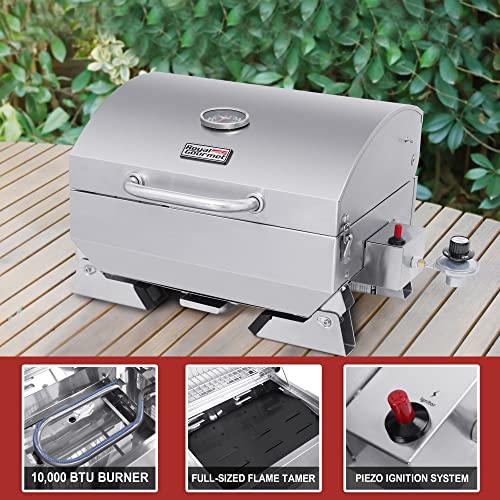 Royal Gourmet GT1001 Stainless Steel Portable Grill, 10000 BTU BBQ Tabletop Gas Grill with Folding Legs and Lockable Lid, Outdoor Camping, Deck and Tailgating, Silver