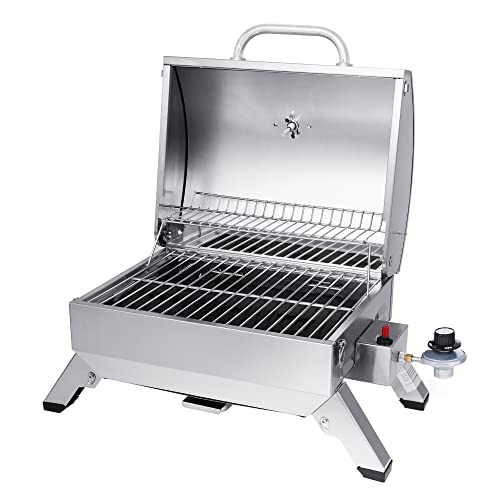 Royal Gourmet GT1001 Stainless Steel Portable Grill, 10000 BTU BBQ Tabletop Gas Grill with Folding Legs and Lockable Lid, Outdoor Camping, Deck and Tailgating, Silver