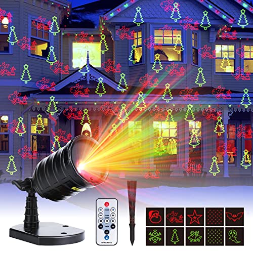 Christmas Projector Lights Outdoor, Party Laser Light Projection 10 Patterns Waterproof with Timer Speed Flash Mode Setting Landscape Spotlight for Indoor House Halloween Holiday Decoration, Red+Green