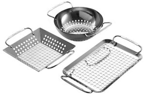 extreme salmon 3-piece mini small grill topper set, heavy duty stainless steel bbq grill wok grill basket grill pan set grill accessories perfect for grilling vegetable, diced meat, seafood and more