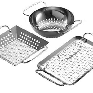 Extreme Salmon 3-Piece Mini Small Grill Topper Set, Heavy Duty Stainless Steel BBQ Grill Wok Grill Basket Grill Pan Set Grill Accessories Perfect for Grilling Vegetable, Diced Meat, Seafood and More
