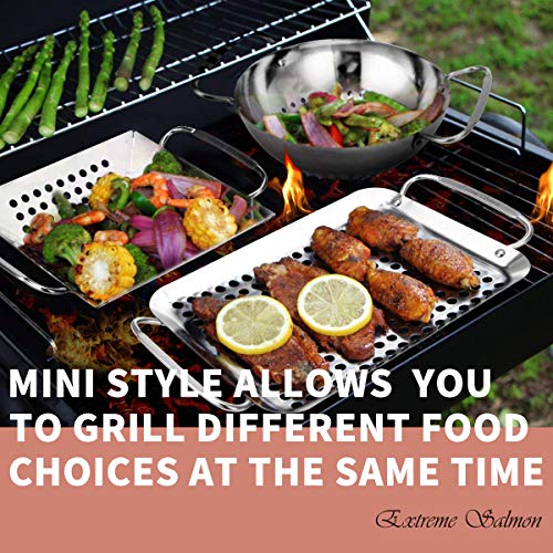 Extreme Salmon 3-Piece Mini Small Grill Topper Set, Heavy Duty Stainless Steel BBQ Grill Wok Grill Basket Grill Pan Set Grill Accessories Perfect for Grilling Vegetable, Diced Meat, Seafood and More