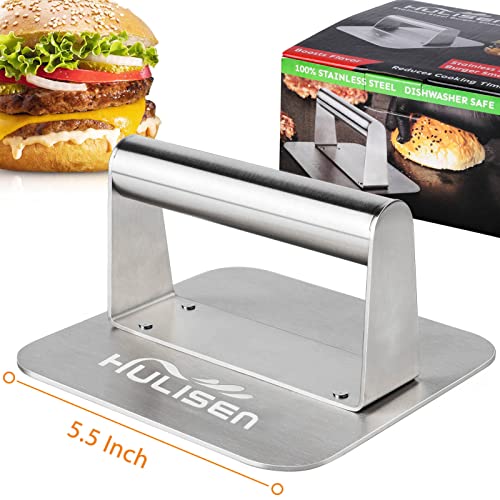 HULISEN Stainless Steel 5.5 inch Square Burger Press + 6x5 inch Large Stainless Steel Spatula