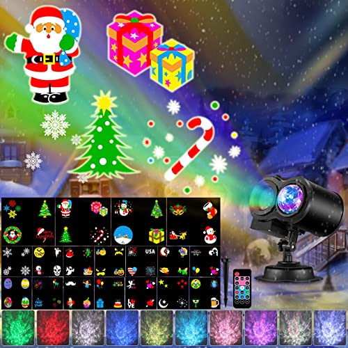 Christmas Projector Lights Remote Control 2-in-1 Moving Patterns with Ocean Wave LED Landscape Lights Waterproof Outdoor Indoor Xmas Theme Party Yard Garden Decorations 18 Slides 10 Color