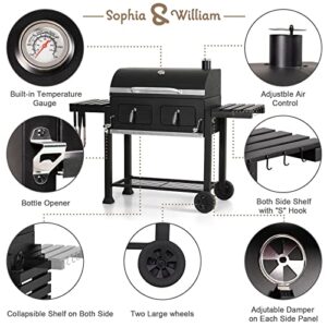 Sophia & William Heavy-duty Charcoal BBQ Grills Extra Large Outdoor Barbecue Grill with 794 SQ.IN. Cooking Area, Dual-Zone Individual & Adjustable Charcoal Tray and Foldable Side Table, Black