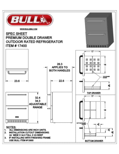 Bull Outdoor Products 17400 Double Drawer Outdoor Rated Refrigerator, Stainless Steel