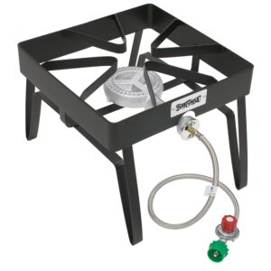 bayou classic sq14 16-in outdoor patio stove features 16-in cooking surface 13.25-in tall welded frame 5-psi pre-set regulator w/ 36-in stainless braided hose