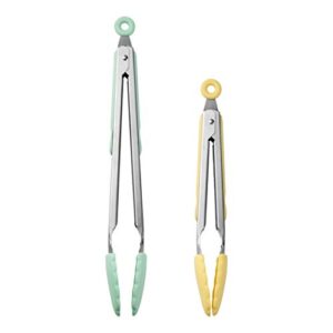 cook with color food tongs, set of two cooking tongs, 9” and 12” stainless steel barbeque tongs with silicone tips for non stick cookware, locking grill tongs (lemon collection)
