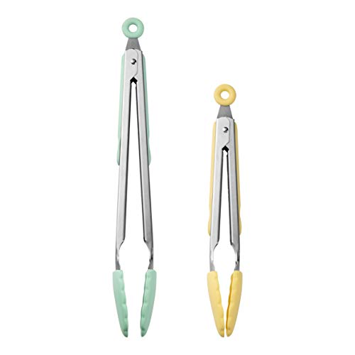 COOK WITH COLOR Food Tongs, Set of Two Cooking Tongs, 9” and 12” Stainless Steel Barbeque Tongs with Silicone Tips for Non Stick Cookware, Locking Grill Tongs (Lemon Collection)