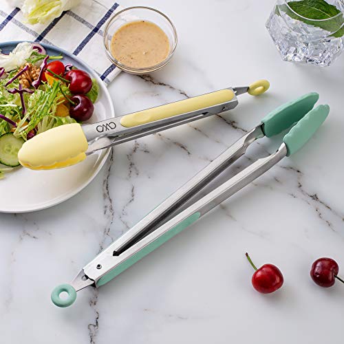 COOK WITH COLOR Food Tongs, Set of Two Cooking Tongs, 9” and 12” Stainless Steel Barbeque Tongs with Silicone Tips for Non Stick Cookware, Locking Grill Tongs (Lemon Collection)