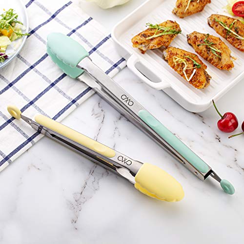 COOK WITH COLOR Food Tongs, Set of Two Cooking Tongs, 9” and 12” Stainless Steel Barbeque Tongs with Silicone Tips for Non Stick Cookware, Locking Grill Tongs (Lemon Collection)