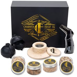 premium cocktail smoker kit with torch, oak smoker, 4 types of wood chips, 2 filters, 2 ice ball molds, luxe gift set for smoke infused old fashioned, bourbon, and whiskey drinks