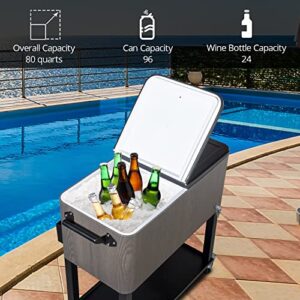 VINGLI 80 Quart Rolling Ice Chest on Wheels, Portable Patio Party Bar Drink Cooler Cart, with Shelf, Beverage Pool with Bottle Opener,Water Pipe (Grey)