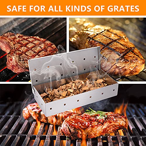 JUEMINGZI Smoker Box for BBQ Grill Wood Chips - 25% Thicker Stainless Steel Won't Warp - Barbecue Meat smoker for Charcoal and Gas Grills | Smoker grill tool