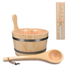 navaris wooden sauna bucket with ladle – essential spa accessory for steam room with 1.3 gallon pine wood bucket, plastic liner, ladle, sand timer
