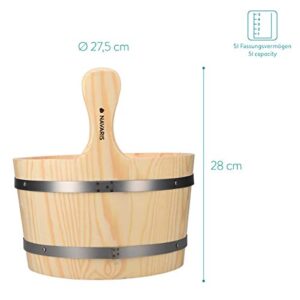 Navaris Wooden Sauna Bucket with Ladle - Essential Spa Accessory for Steam Room with 1.3 Gallon Pine Wood Bucket, Plastic Liner, Ladle, Sand Timer