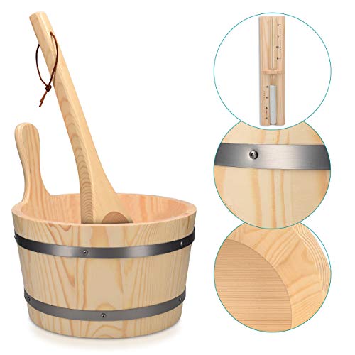 Navaris Wooden Sauna Bucket with Ladle - Essential Spa Accessory for Steam Room with 1.3 Gallon Pine Wood Bucket, Plastic Liner, Ladle, Sand Timer