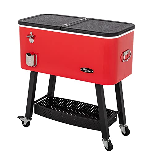 Creole Feast CL8001R 80-Quart Premium Rolling Cooler, Portable Cold Drink Beverage Cooler Cart for Outdoor Patio, Tailgating, Poolside BBQ Party, Red