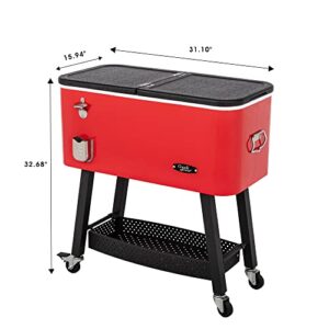 Creole Feast CL8001R 80-Quart Premium Rolling Cooler, Portable Cold Drink Beverage Cooler Cart for Outdoor Patio, Tailgating, Poolside BBQ Party, Red