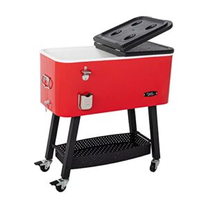 Creole Feast CL8001R 80-Quart Premium Rolling Cooler, Portable Cold Drink Beverage Cooler Cart for Outdoor Patio, Tailgating, Poolside BBQ Party, Red