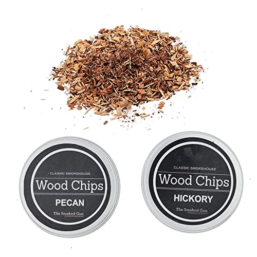 TJMBFH 2 Pack Whiskey Barrel Oak Wood Smoking Chips, fit for Smoking Gun, Hand-held Smoke Gun Smoker Infuser, Sawdust for Cocktail, Whiskey, Wine, Bourbon, Cheese, Meat (Pecan & Hickory)