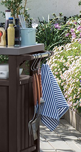 Keter Unity Portable Outdoor Table and Storage Cabinet with Hooks for Grill Accessories-Stainless Steel Top for Patio Kitchen Island or Bar Cart