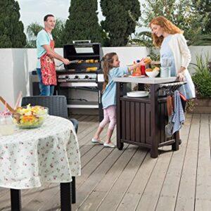 Keter Unity Portable Outdoor Table and Storage Cabinet with Hooks for Grill Accessories-Stainless Steel Top for Patio Kitchen Island or Bar Cart