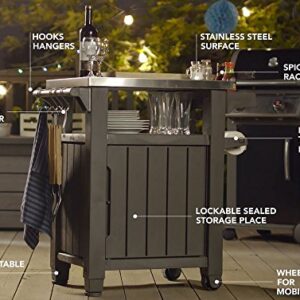 Keter Unity Portable Outdoor Table and Storage Cabinet with Hooks for Grill Accessories-Stainless Steel Top for Patio Kitchen Island or Bar Cart