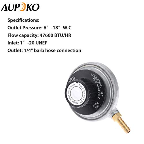 Aupoko Low Pressure One Pound Propane Tank Gas Regulator Valve, Portable Propane Table Top Regulator with 1/4’’ Barb Connection and 1"-20 Female Throwaway Cylinder Thread Inlet and an Orifice Outlet