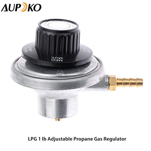 Aupoko Low Pressure One Pound Propane Tank Gas Regulator Valve, Portable Propane Table Top Regulator with 1/4’’ Barb Connection and 1"-20 Female Throwaway Cylinder Thread Inlet and an Orifice Outlet