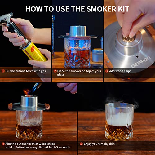 Cocktail Smoker Kit with Torch, Deppon Stainless Steel Smoker Top with 4 Kind of Wood Chips for Whisky and Bourbon, Old Fashioned Drink Smoker Kit for Home Bar Gift for Men, Dad, Husband (No Butane) (Silver)