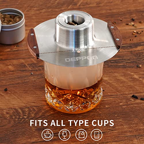 Cocktail Smoker Kit with Torch, Deppon Stainless Steel Smoker Top with 4 Kind of Wood Chips for Whisky and Bourbon, Old Fashioned Drink Smoker Kit for Home Bar Gift for Men, Dad, Husband (No Butane) (Silver)