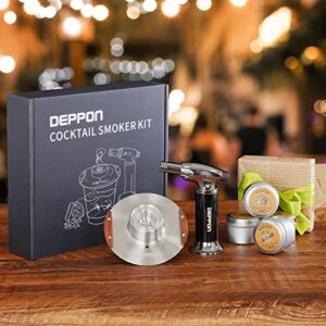 Cocktail Smoker Kit with Torch, Deppon Stainless Steel Smoker Top with 4 Kind of Wood Chips for Whisky and Bourbon, Old Fashioned Drink Smoker Kit for Home Bar Gift for Men, Dad, Husband (No Butane) (Silver)
