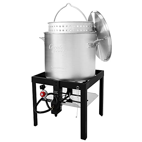 Creole Feast SBK0801 Seafood Boiling Kit with Strainer, Outdoor Aluminum Propane Gas Boiler with 10 PSI Regulator, Silver