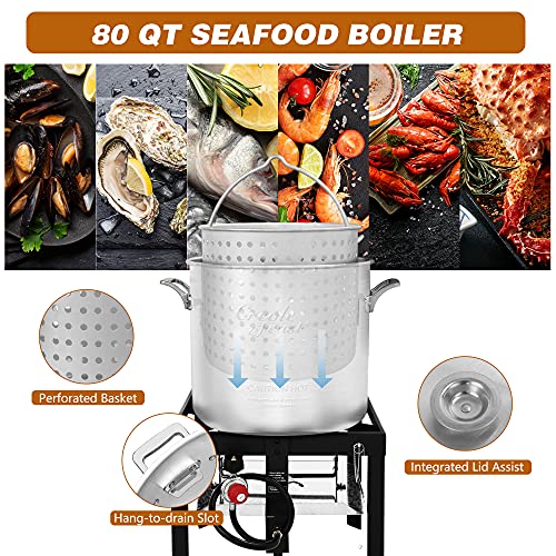 Creole Feast SBK0801 Seafood Boiling Kit with Strainer, Outdoor Aluminum Propane Gas Boiler with 10 PSI Regulator, Silver