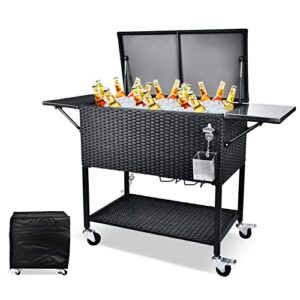 magic union outdoor rolling wicker cooler cart, 80 quart ice chest portable beverage bar for patio pool party, rattan cooler trolley with bottle opener, waterproof cover (black- single top)