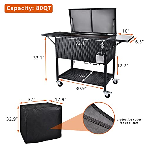 MAGIC UNION Outdoor Rolling Wicker Cooler Cart, 80 Quart Ice Chest Portable Beverage Bar for Patio Pool Party, Rattan Cooler Trolley with Bottle Opener, Waterproof Cover (Black- Single Top)