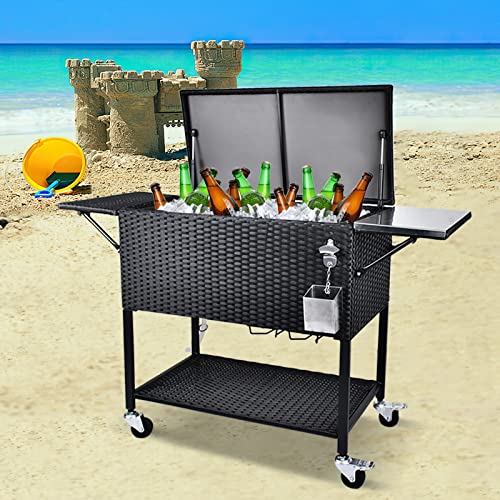MAGIC UNION Outdoor Rolling Wicker Cooler Cart, 80 Quart Ice Chest Portable Beverage Bar for Patio Pool Party, Rattan Cooler Trolley with Bottle Opener, Waterproof Cover (Black- Single Top)