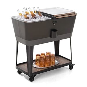 sunjoy 80 qt rolling cooler cart ice chest, patio portable party mobile cold drink bar trolley, quart, silver