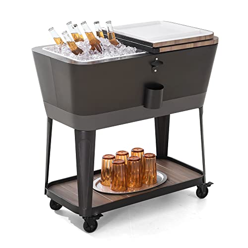 Sunjoy 80 Qt Rolling Cooler Cart Ice Chest, Patio Portable Party Mobile Cold Drink Bar Trolley, Quart, Silver