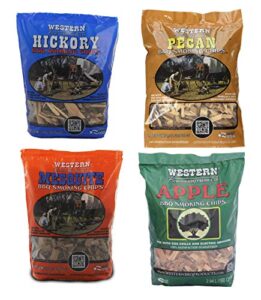 western bbq smoking wood chips variety pack bundle (4) apple, hickory, mesquite and pecan flavors