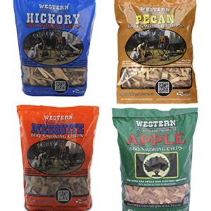 Western BBQ Smoking Wood Chips Variety Pack Bundle (4) Apple, Hickory, Mesquite and Pecan Flavors