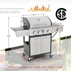 Captiva Designs 4-Burners Propane Gas BBQ Grill with Side Burner & Porcelain-Enameled Cast Iron Grates, 42,000 BTU Output Stainless Steel Grill for Outdoor Cooking Kitchen and Patio Backyard Barbecue