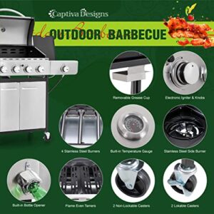 Captiva Designs 4-Burners Propane Gas BBQ Grill with Side Burner & Porcelain-Enameled Cast Iron Grates, 42,000 BTU Output Stainless Steel Grill for Outdoor Cooking Kitchen and Patio Backyard Barbecue