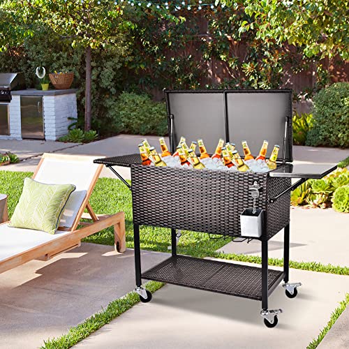 OKIDA Rolling Wicker Cooler Cart Outdoors, 80 Quart Ice Chest with Bottle Opener, Portable Beverage Bar for Patio Pool Party, Rattan Cooler Trolley with Stainless Cutting Board and Waterproof Cover