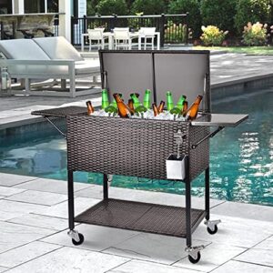 OKIDA Rolling Wicker Cooler Cart Outdoors, 80 Quart Ice Chest with Bottle Opener, Portable Beverage Bar for Patio Pool Party, Rattan Cooler Trolley with Stainless Cutting Board and Waterproof Cover