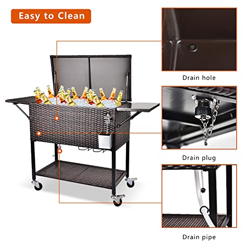 OKIDA Rolling Wicker Cooler Cart Outdoors, 80 Quart Ice Chest with Bottle Opener, Portable Beverage Bar for Patio Pool Party, Rattan Cooler Trolley with Stainless Cutting Board and Waterproof Cover