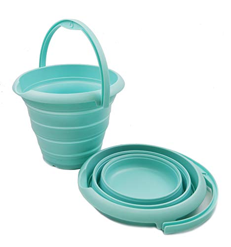 SAMMART Set of 2 - 5L (1.32Gallon) Collapsible Fishing Bucke - Foldable Round Tub - Portable Plastic Water Pail - Space Saving Outdoor Waterpot (2, Lake Green)