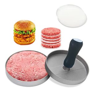 PDCTACST Burger Press Patty Maker Set - Non-Stick Hamburger Patty Maker Mold with 100 Sheets Free Wax Patty Paper for Beef Veggie Stuffed Pocket BBQ Barbecue Grill Griddle BPA Free - Aluminum Presser
