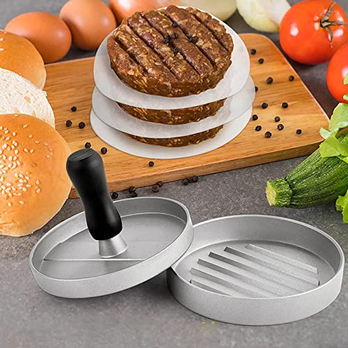 PDCTACST Burger Press Patty Maker Set - Non-Stick Hamburger Patty Maker Mold with 100 Sheets Free Wax Patty Paper for Beef Veggie Stuffed Pocket BBQ Barbecue Grill Griddle BPA Free - Aluminum Presser